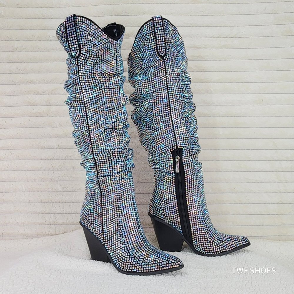 Cape Robbin Diamond Rider Rhinestone Glamour Western Slouch Draped Knee Boots - Picture 13 of 17